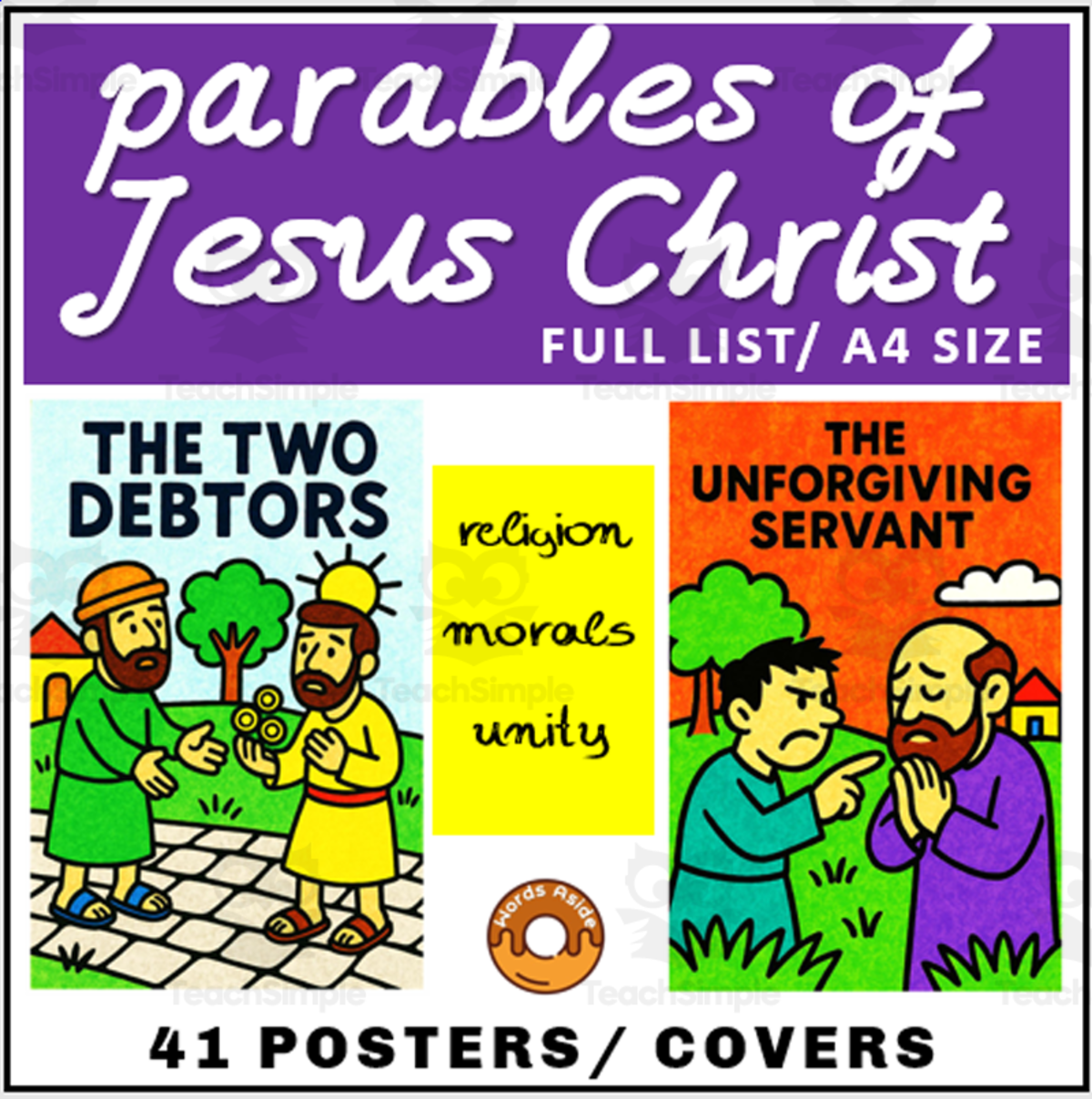 An educational teaching resource from WORDS ASIDE entitled Parables of Jesus Bible Poster Cards downloadable at Teach Simple.