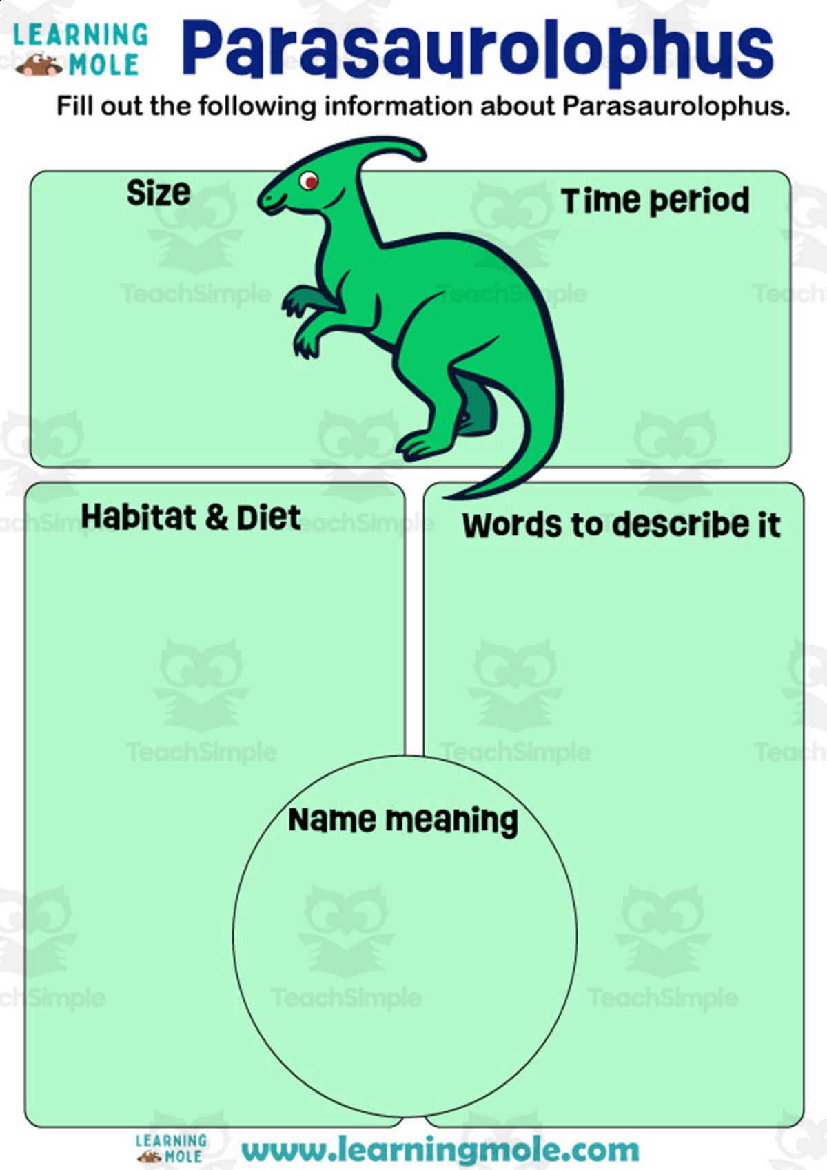 An educational teaching resource from Educational Voice entitled Parasaurolophus Activity downloadable at Teach Simple.