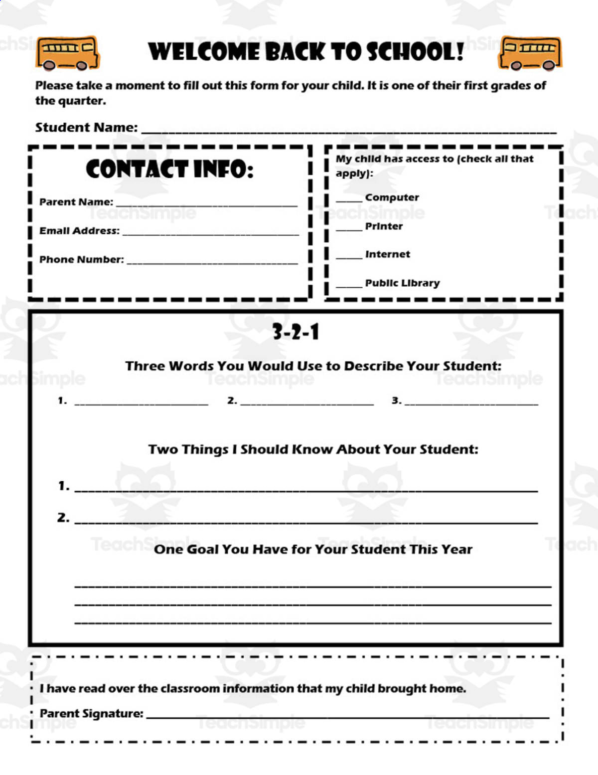 An educational teaching resource from Time Thrifty Teacher entitled Parent Inventory 3-2-1 Worksheet downloadable at Teach Simple.