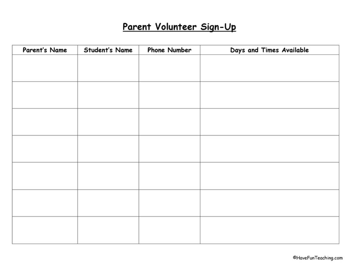 An educational teaching resource from Have Fun Teaching entitled Parent Volunteer Form downloadable at Teach Simple.