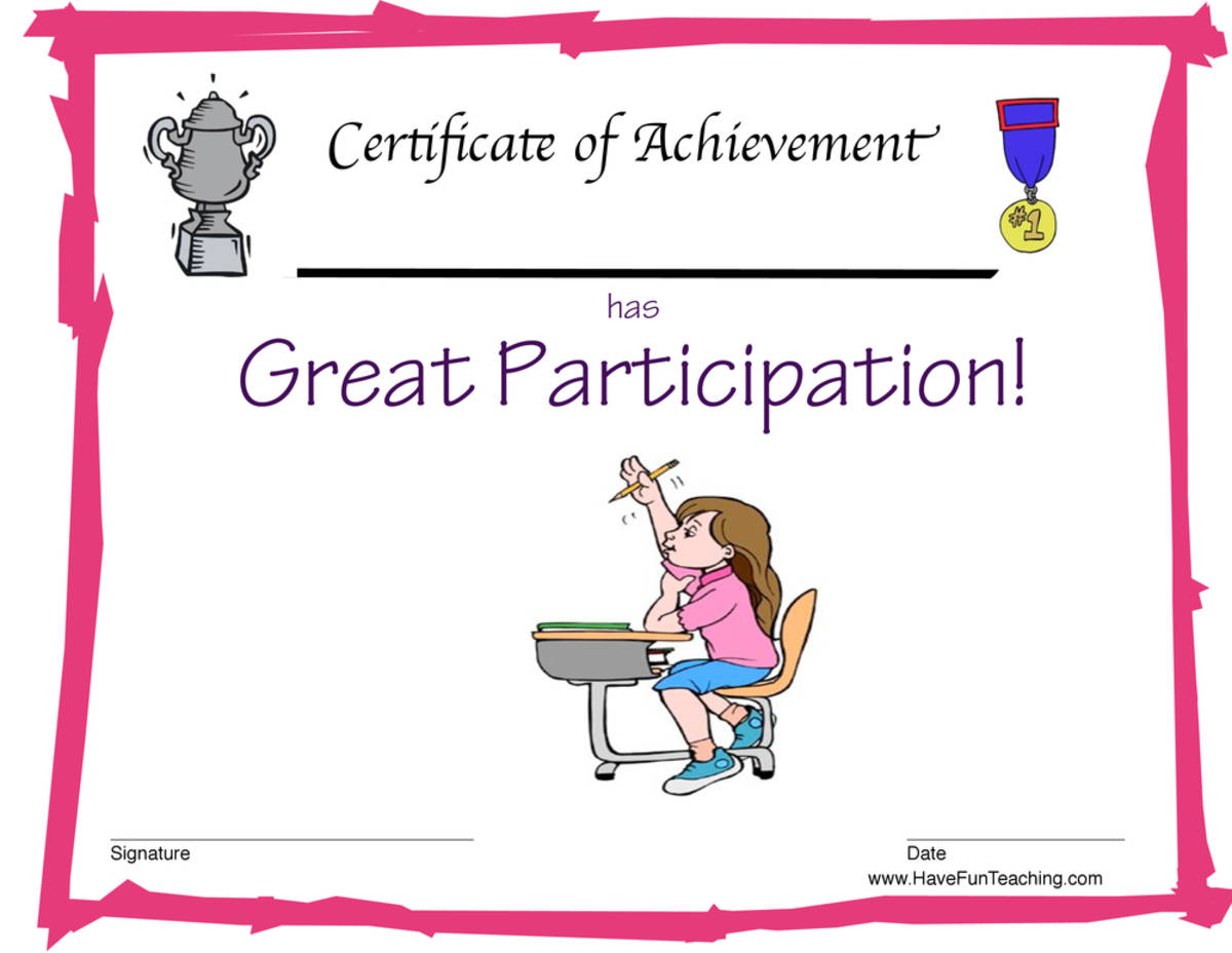 An educational teaching resource from Have Fun Teaching entitled Participation Reward Certificate for Girls downloadable at Teach Simple.