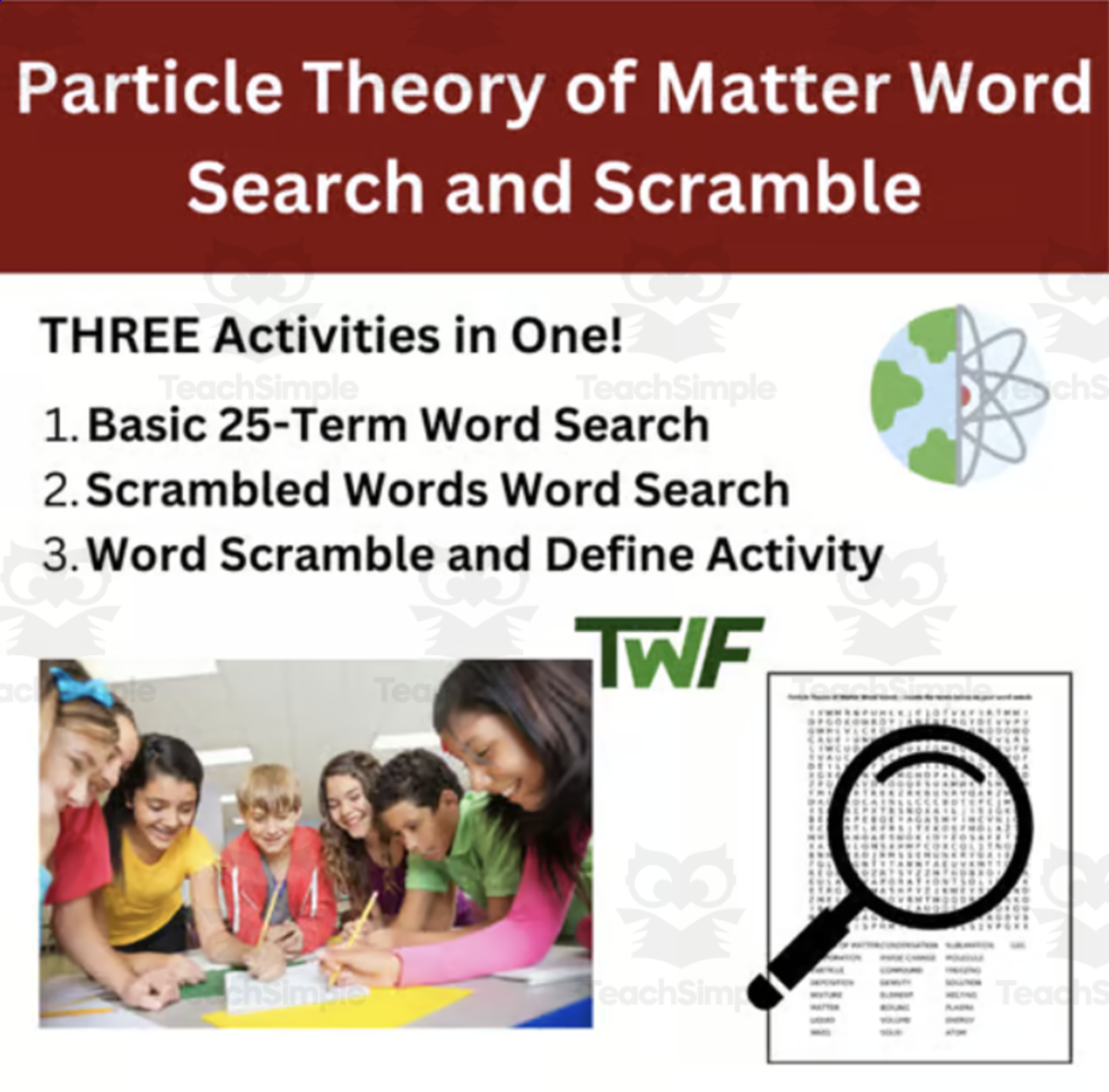 An educational teaching resource from Teach With Fergy entitled Particle Theory of Matter Word Search and Scramble Activity downloadable at Teach Simple.