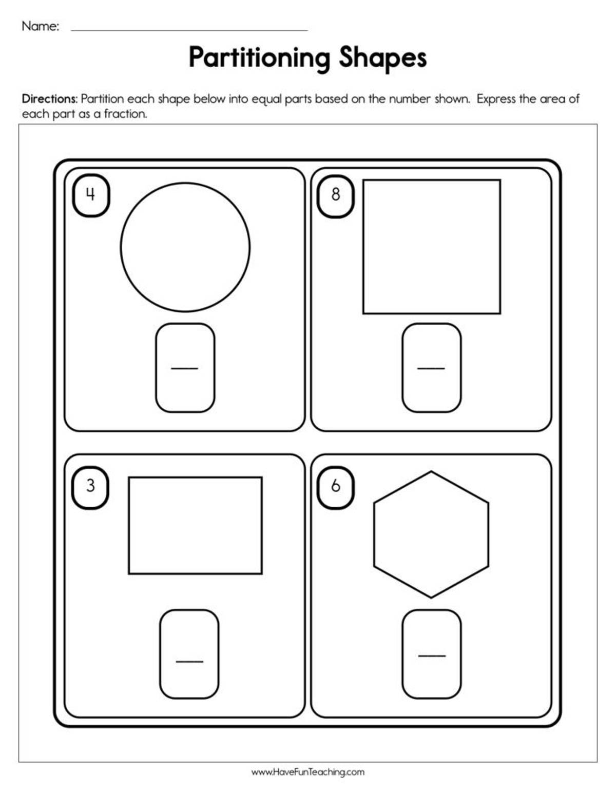 An educational teaching resource from Have Fun Teaching entitled Partitioning Shapes Fractions Worksheet downloadable at Teach Simple.
