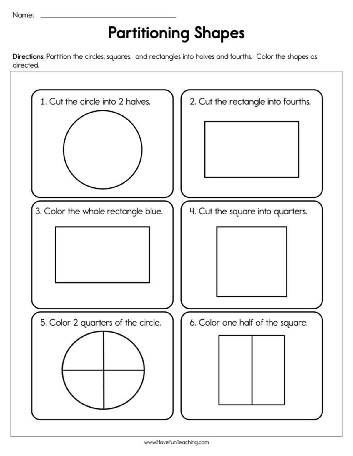 An educational teaching resource from Have Fun Teaching entitled Partitioning Shapes Worksheet downloadable at Teach Simple.