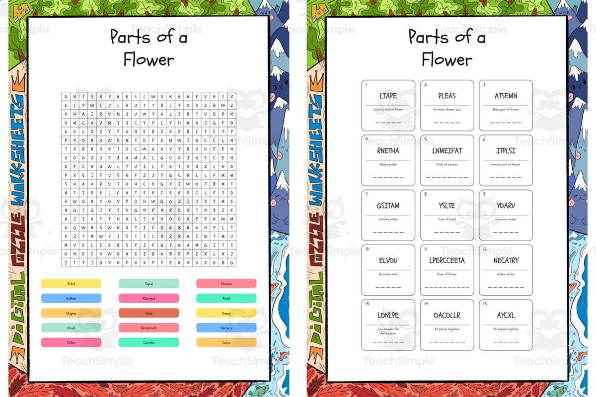 An educational teaching resource from Lapiiin Art Activities entitled Parts of a Flower word search, scramble and crossword puzzle activity downloadable at Teach Simple.