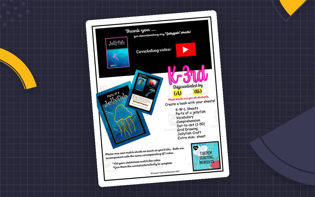 An educational teaching resource from Tandem Teaching Moments entitled "Parts of a Jellyfish" Worksheet Packet downloadable at Teach Simple.