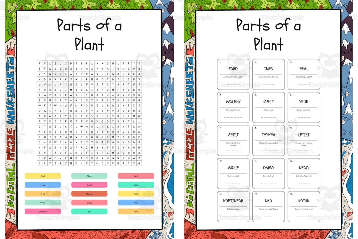 An educational teaching resource from Lapiiin Art Activities entitled Parts of a Plant word search, scramble and crossword downloadable at Teach Simple.