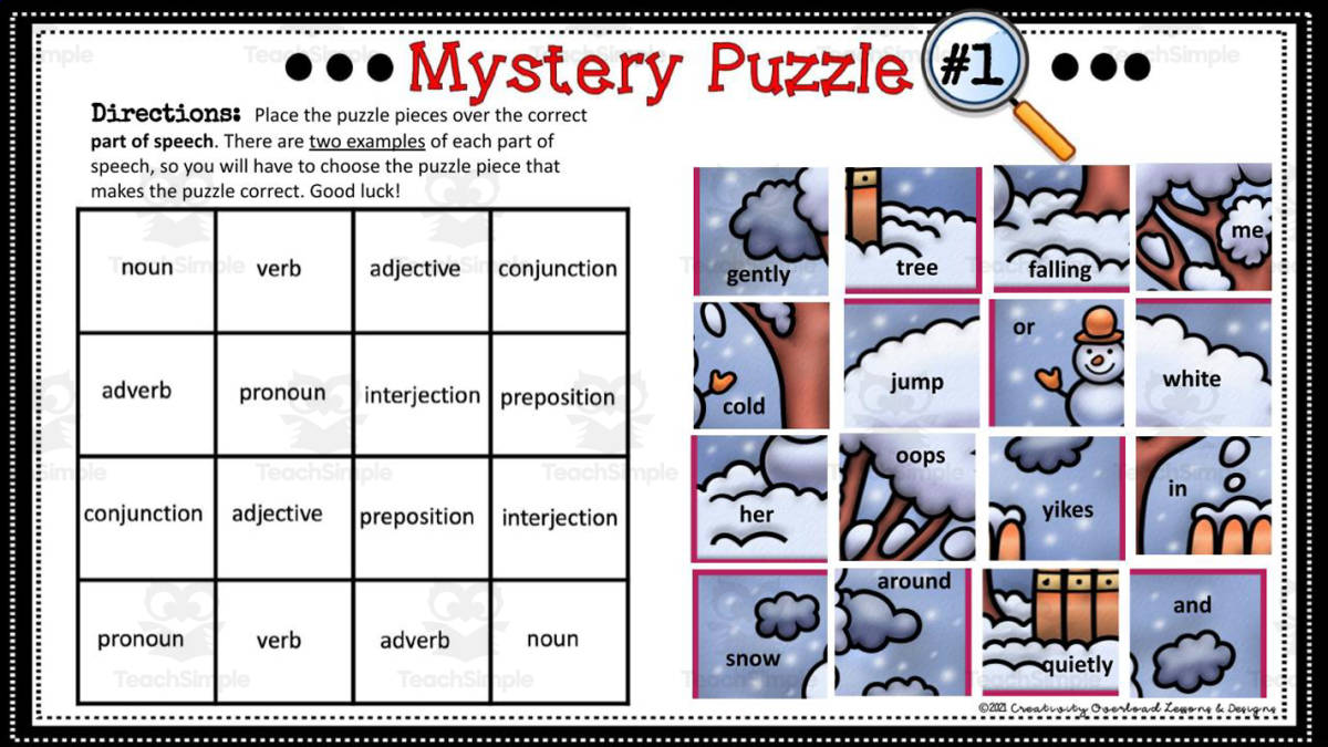 An educational teaching resource from Creativity Overload entitled Parts of Speech Digital Puzzles downloadable at Teach Simple.