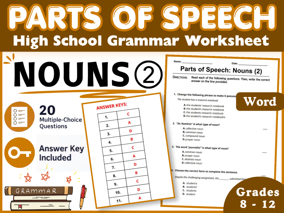 An educational teaching resource from Middle & High School - CORED Education entitled Parts of Speech | Nouns 2 | High School Grammar Worksheet (Word) downloadable at Teach Simple.