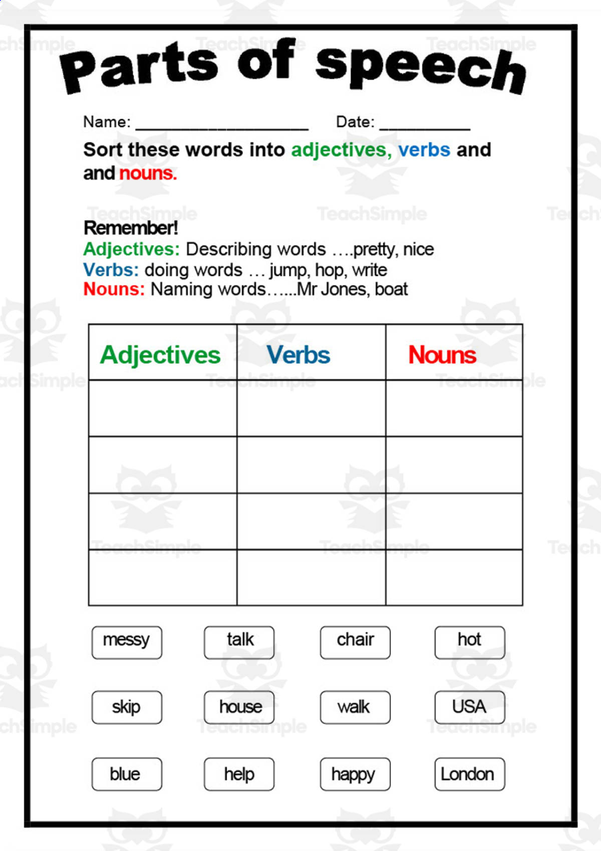 An educational teaching resource from Elementary Resources 4 U entitled Parts of Speech Worksheet 2 downloadable at Teach Simple.