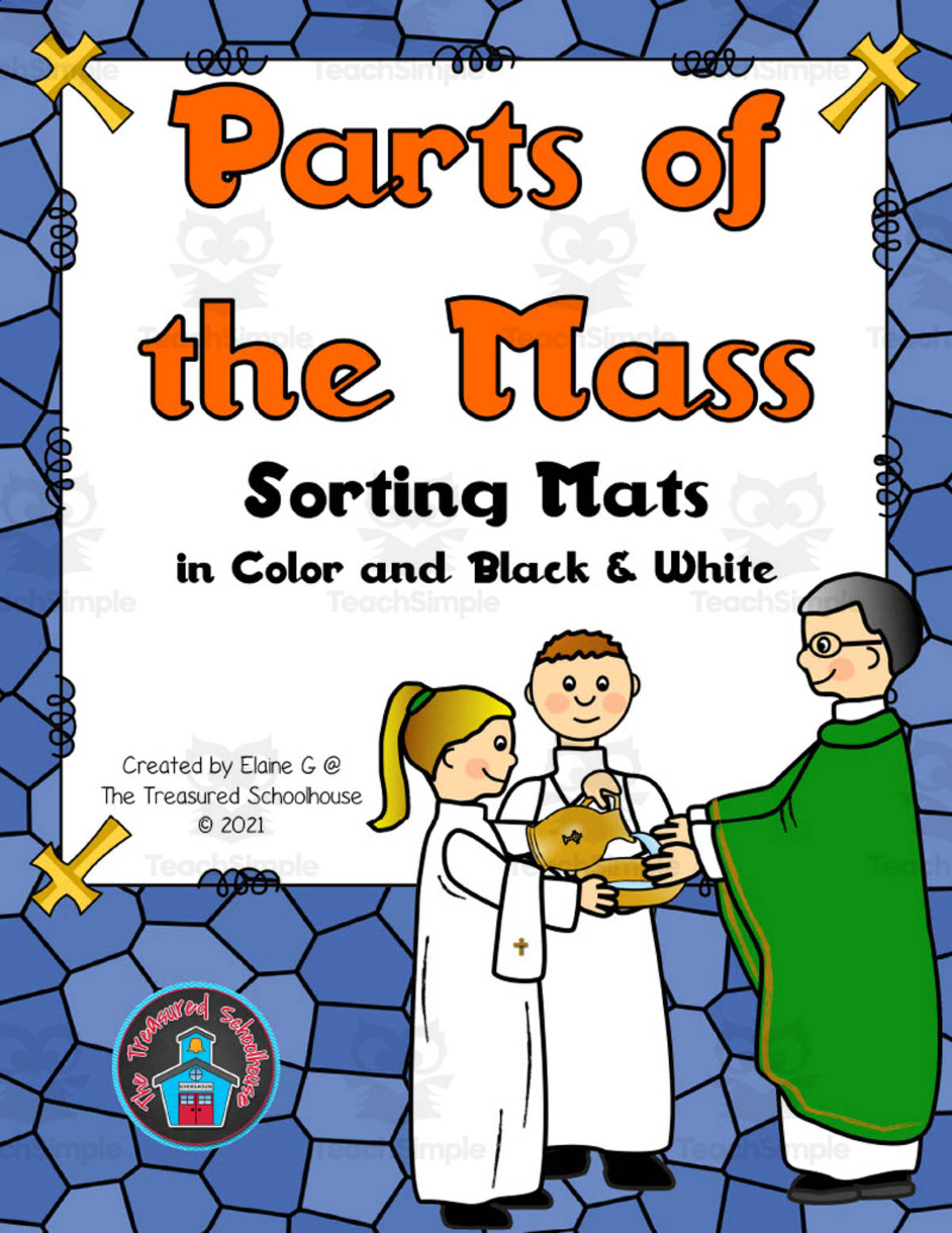 An educational teaching resource from The Treasured Schoolhouse entitled Parts of the Mass Sorting Mats downloadable at Teach Simple.