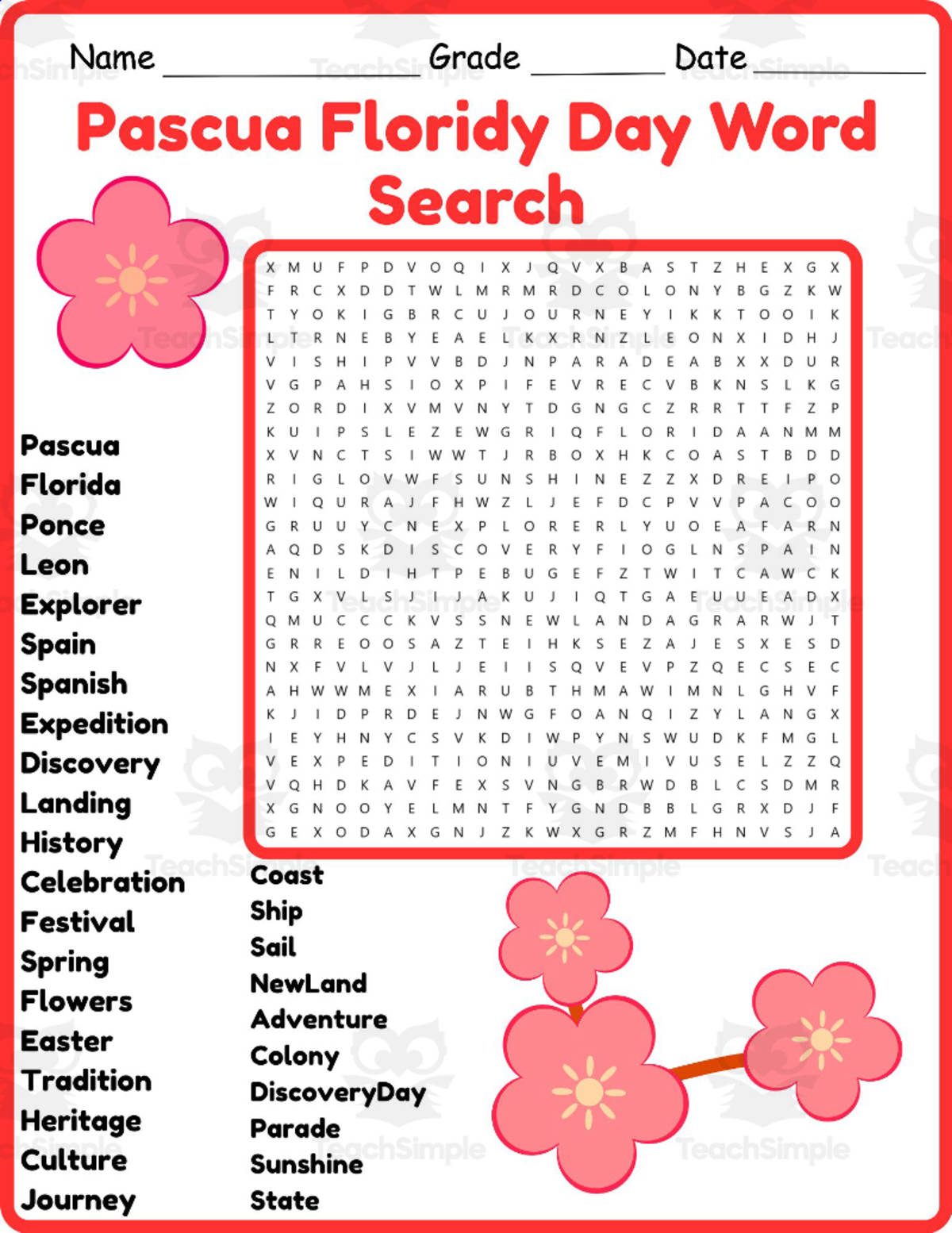An educational teaching resource from Classsimple entitled Pascua Floridy Day Word Search 2nd 3rd 4th 5th Grade Worksheet downloadable at Teach Simple.
