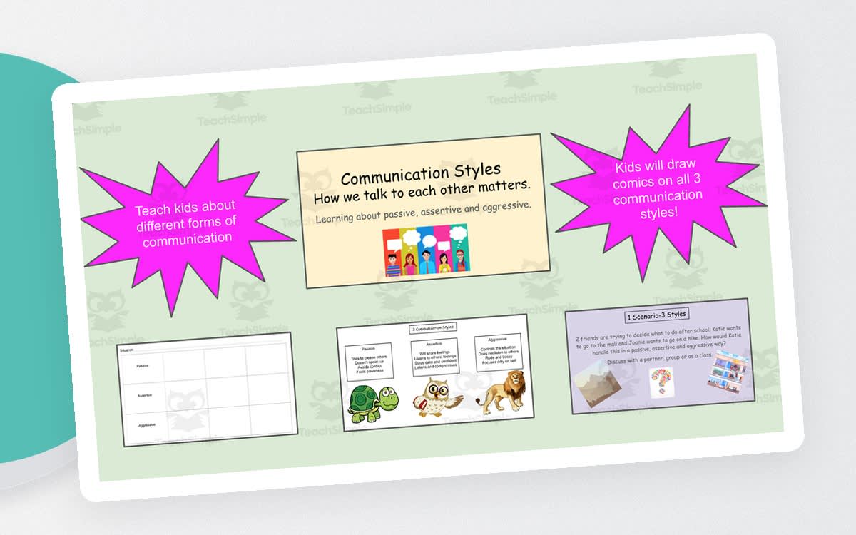 An educational teaching resource from Jennifer Moyer Taylor entitled Communication Styles – Passive/Assertive/Aggressive downloadable at Teach Simple.