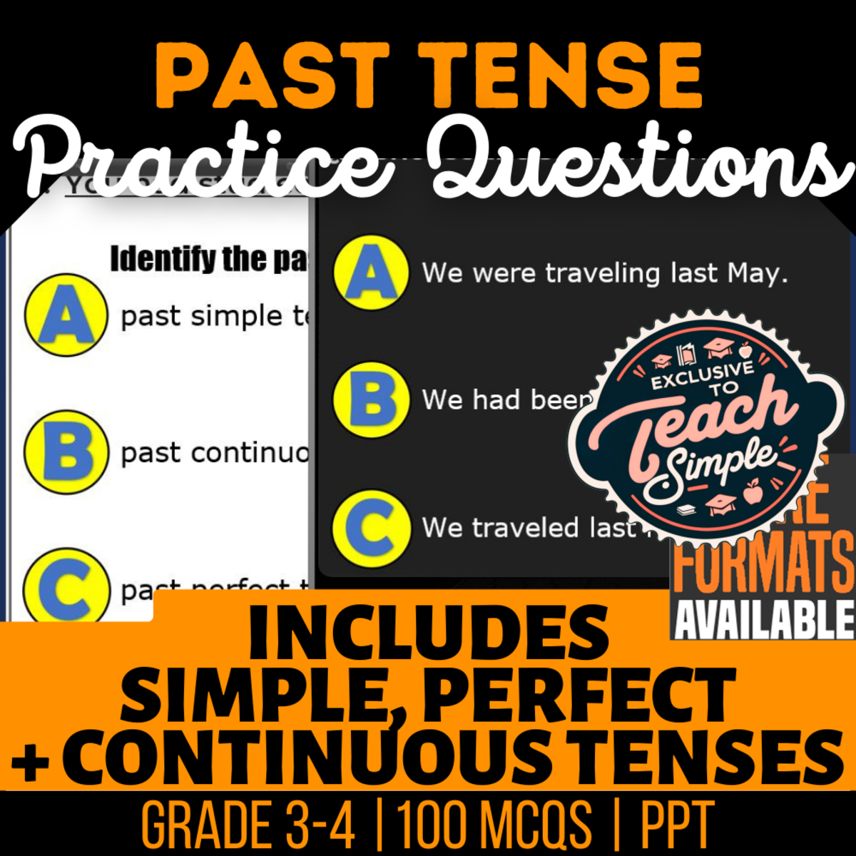 An educational teaching resource from Cored Education entitled Past Tense Practice Questions - Grammar Grade 3-4 (PPT) downloadable at Teach Simple.