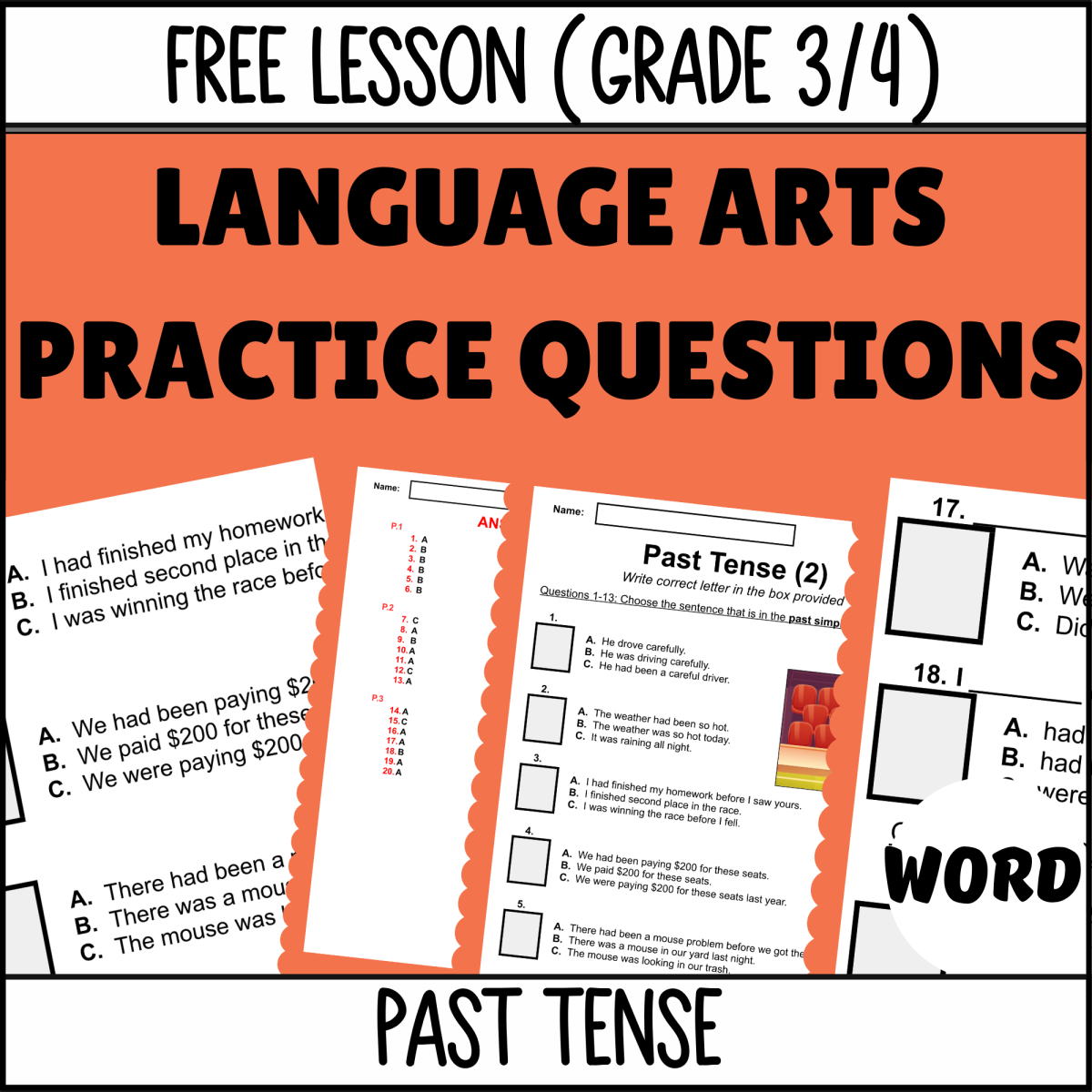 An educational teaching resource from Cored Education entitled Past Tense Sample - Grammar Grade 3-4 (Word) downloadable at Teach Simple.