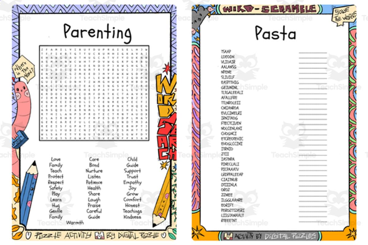 An educational teaching resource from Lapiiin Art Activities entitled Pasta word search & scramble downloadable at Teach Simple.