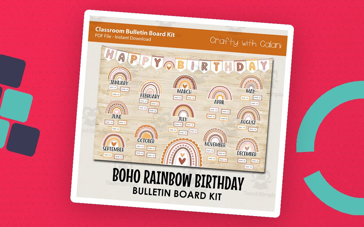 An educational teaching resource from Crafty with Calani entitled Pastel Boho Rainbow Birthday Bulletin Board downloadable at Teach Simple.