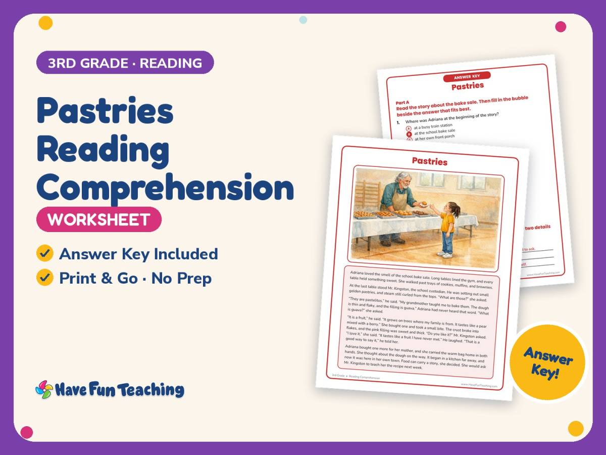 Pastries Reading Comprehension Worksheet – 3rd Grade Practice preview