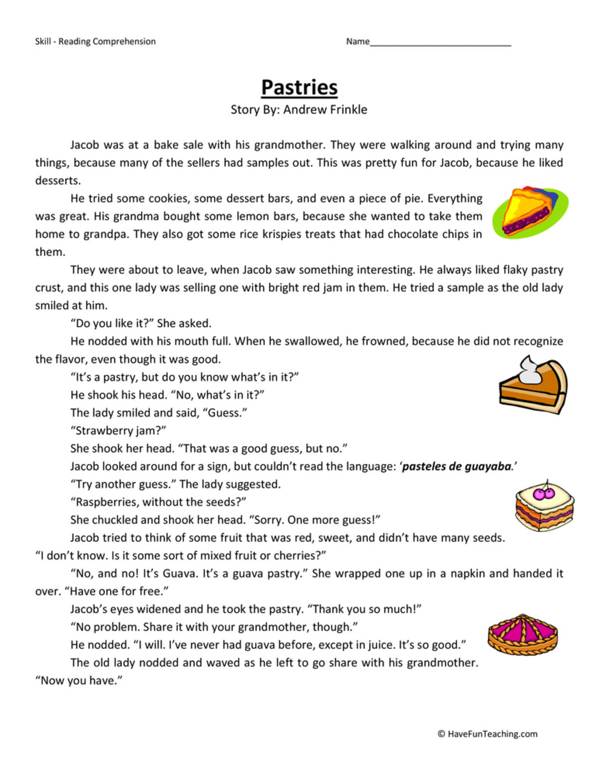 An educational teaching resource from Have Fun Teaching entitled Pastries Reading Comprehension Worksheet downloadable at Teach Simple.