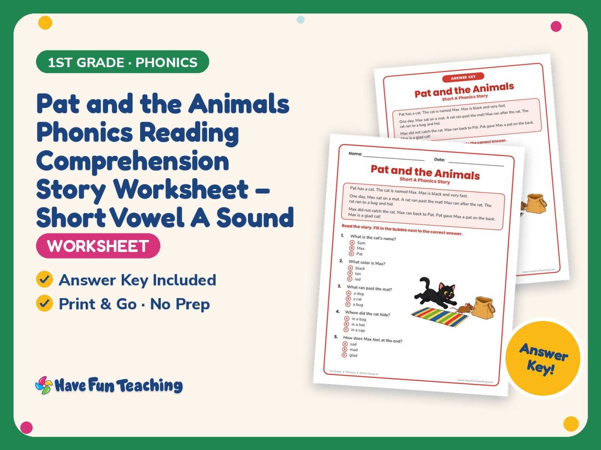 Pat and the Animals Phonics Reading Worksheet – 1st Grade Short Vowels preview