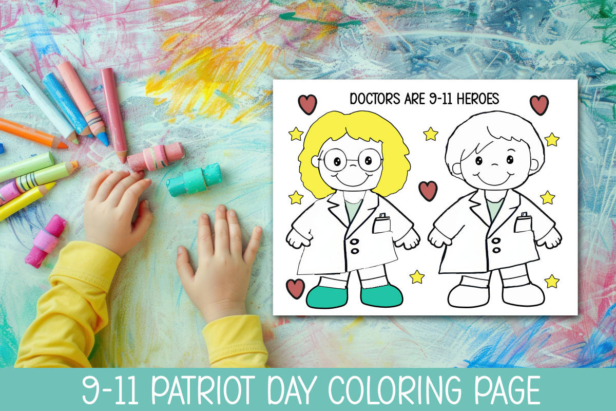 An educational teaching resource from Forever June Digital Design entitled Patriot Day Coloring Page, 9-11 Craft, First Responder Activity, downloadable at Teach Simple.