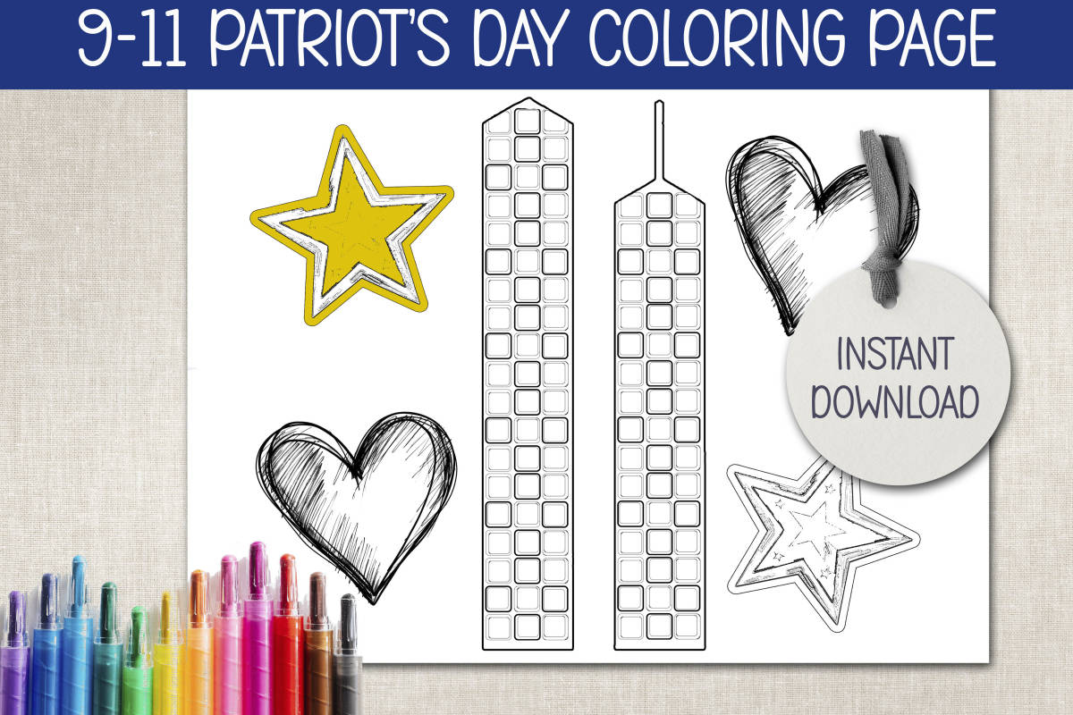 An educational teaching resource from Forever June Digital Design entitled PATRIOT DAY COLORING SHEET, 9-11 CRAFTS FOR KIDS, SEPTEMBER 11TH ART downloadable at Teach Simple.