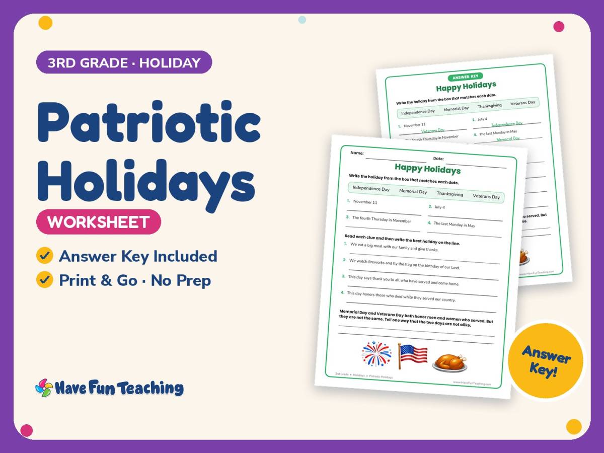 Patriotic Holidays Worksheet – 3rd Grade 4th of July & Memorial Day preview