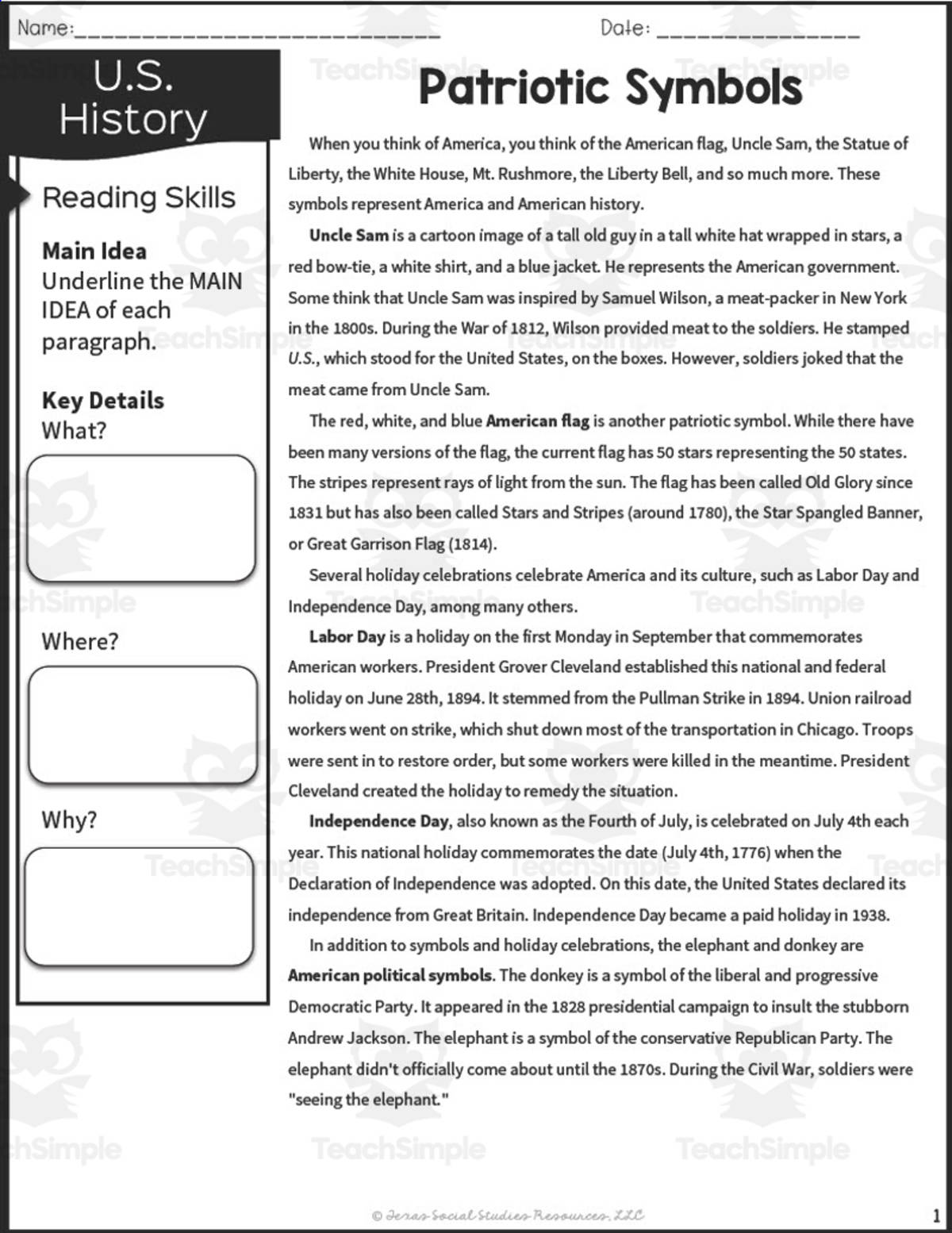 An educational teaching resource from Sarah Miller Tech entitled Patriotic Symbols Reading Packet downloadable at Teach Simple.