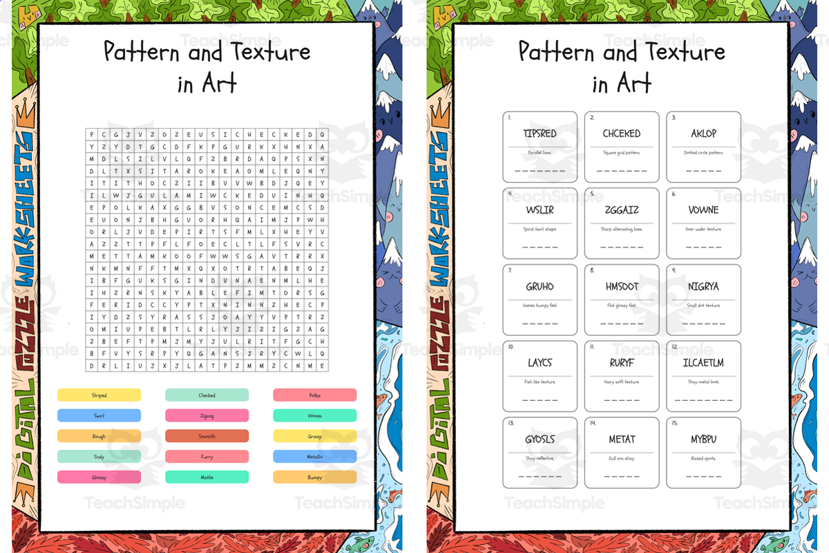 An educational teaching resource from Lapiiin Art Activities entitled Pattern and Texture in Art word search, scramble and crossword puzzle downloadable at Teach Simple.
