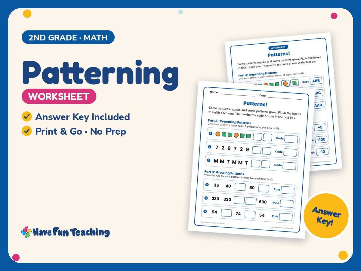 Patterning Worksheet – 2nd Grade Patterns & Sequencing Practice preview