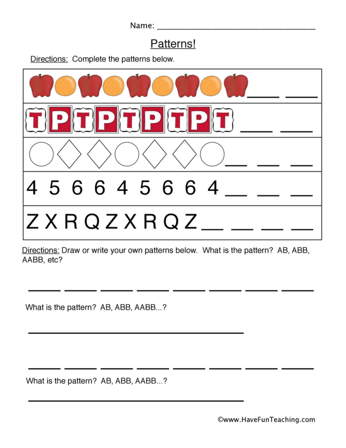 An educational teaching resource from Have Fun Teaching entitled Patterning Worksheet downloadable at Teach Simple.