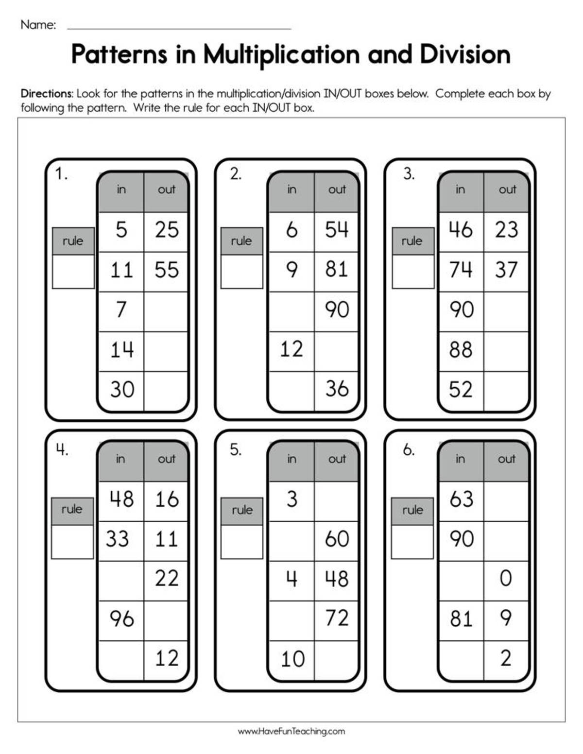 An educational teaching resource from Have Fun Teaching entitled Patterns in Multiplication and Division Worksheet downloadable at Teach Simple.