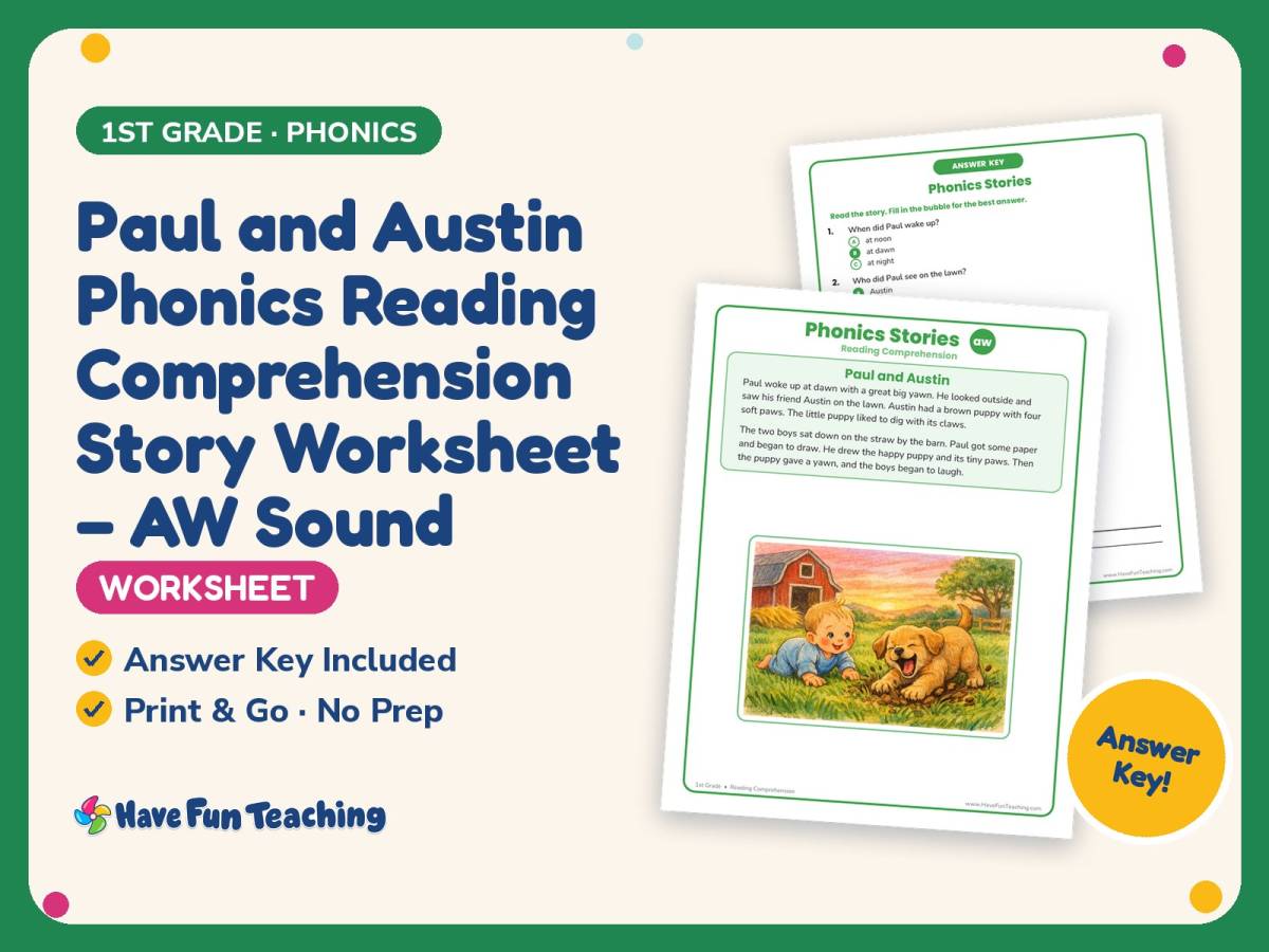 Paul and Austin Phonics Reading Comprehension Worksheet – 1st Grade preview