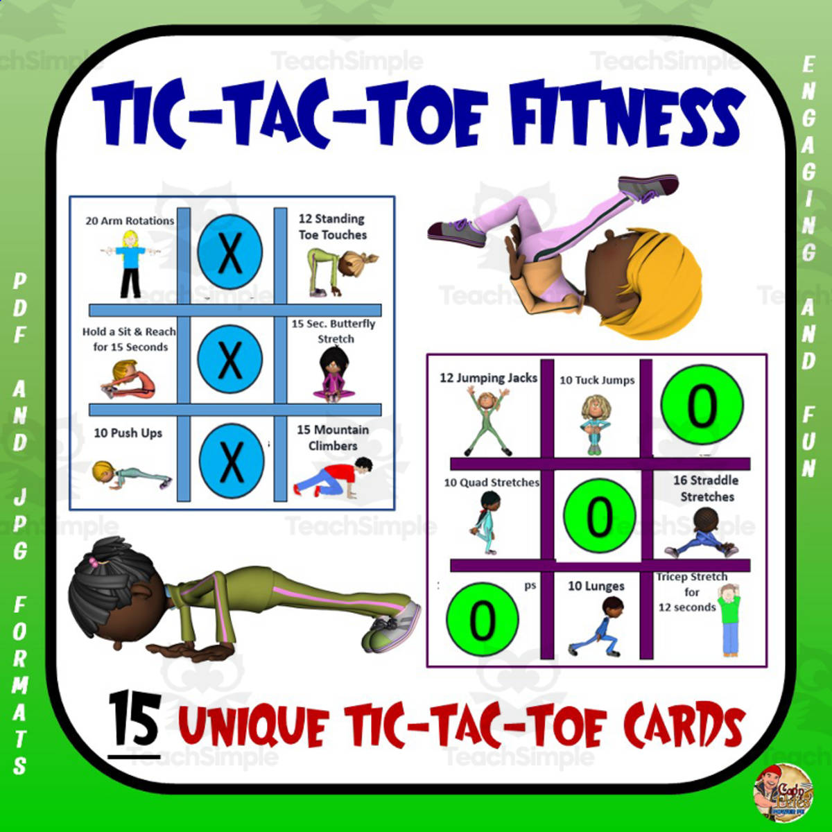 An educational teaching resource from Cap'n Pete's Power PE entitled PE Tic-Tac-Toe Fitness – 15 Activity Cards downloadable at Teach Simple.