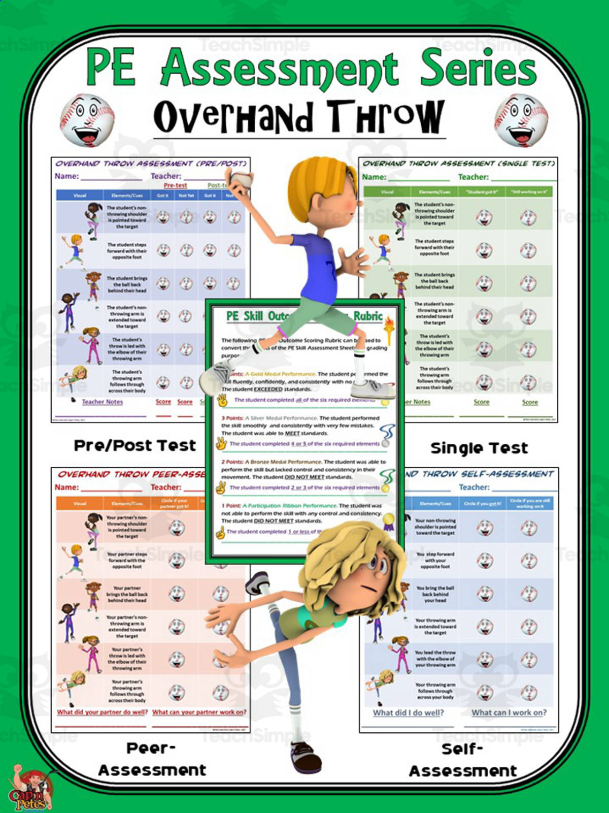 An educational teaching resource from Cap'n Pete's Power PE entitled PE Assessment – Overhand Throw Pre/Post Pack downloadable at Teach Simple.