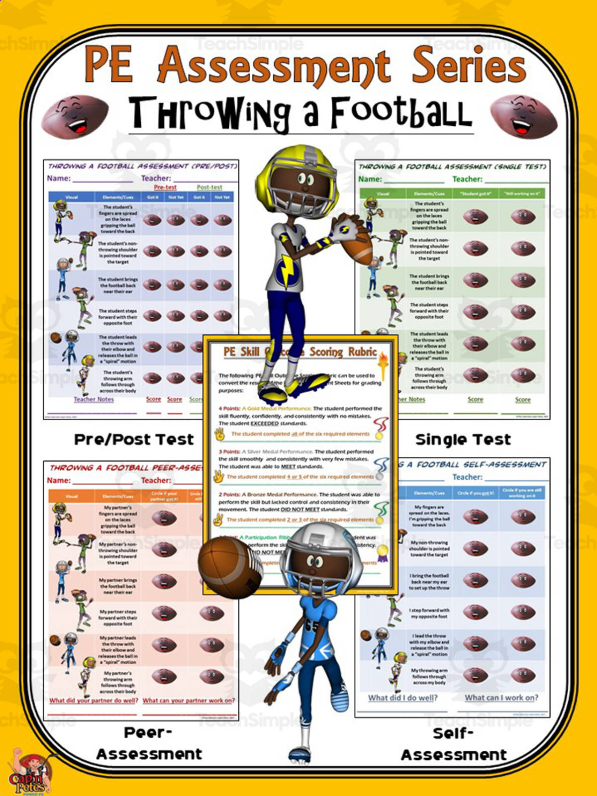 An educational teaching resource from Cap'n Pete's Power PE entitled PE Assessment Series: Throwing a Football downloadable at Teach Simple.