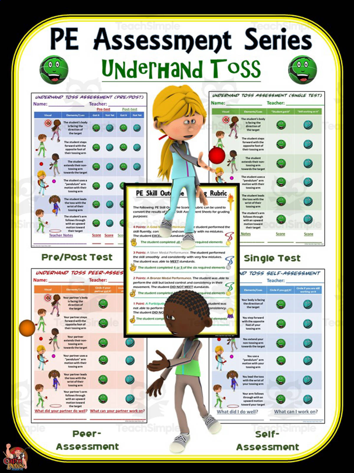 An educational teaching resource from Cap'n Pete's Power PE entitled PE Assessment Series: Underhand Toss downloadable at Teach Simple.