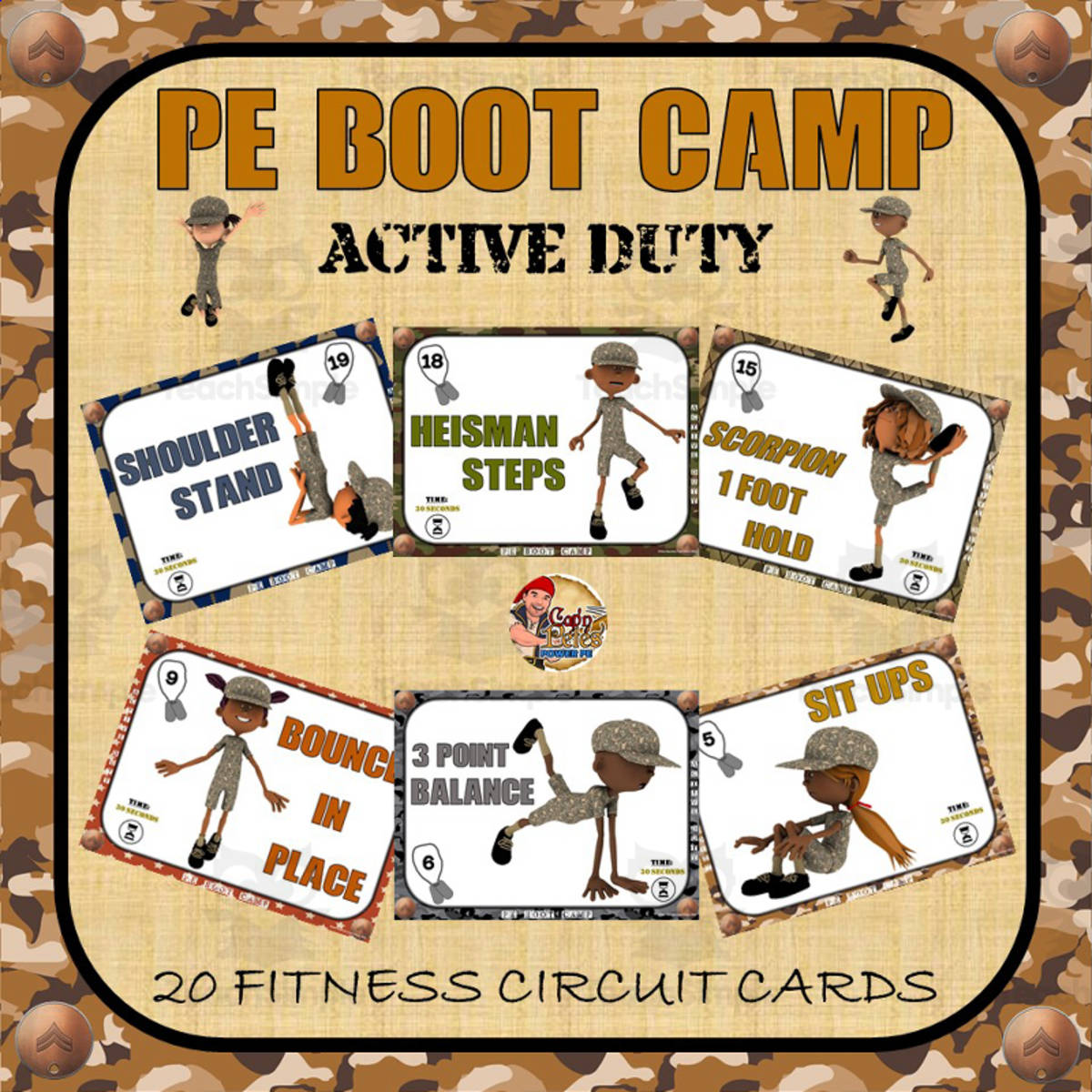 An educational teaching resource from Cap'n Pete's Power PE entitled PE Boot Camp Series: Active Duty Fitness Cards downloadable at Teach Simple.
