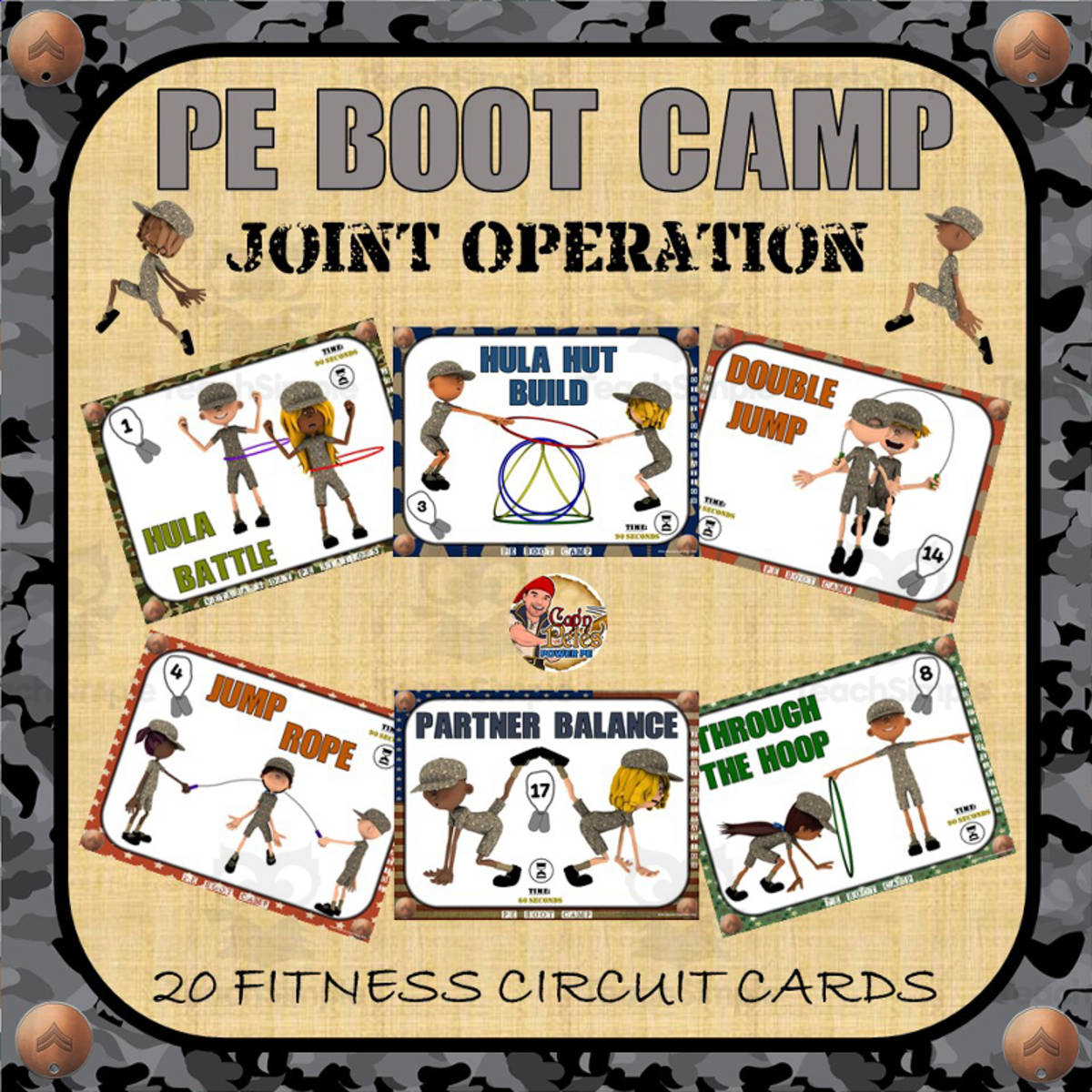 An educational teaching resource from Cap'n Pete's Power PE entitled PE Boot Camp Series: Joint Operation Fitness Cards downloadable at Teach Simple.