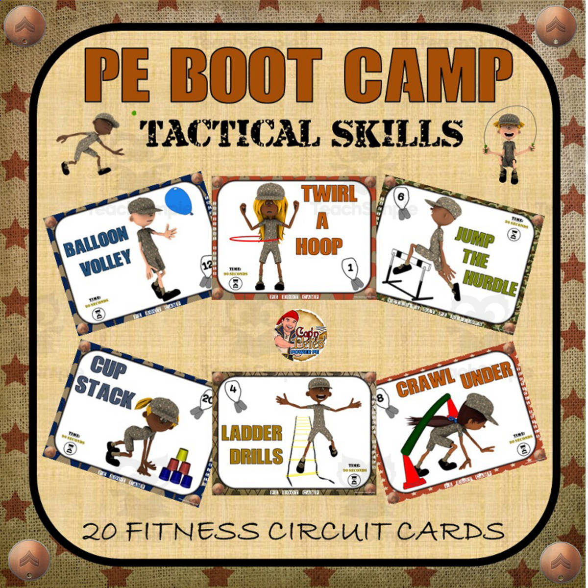 An educational teaching resource from Cap'n Pete's Power PE entitled PE Boot Camp Series: Tactical Skills Fitness Cards downloadable at Teach Simple.