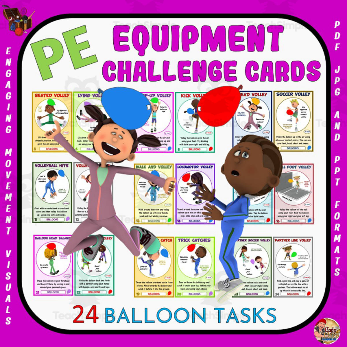 An educational teaching resource from Cap'n Pete's Power PE entitled PE Equipment Challenge Cards: Balloon Tasks downloadable at Teach Simple.