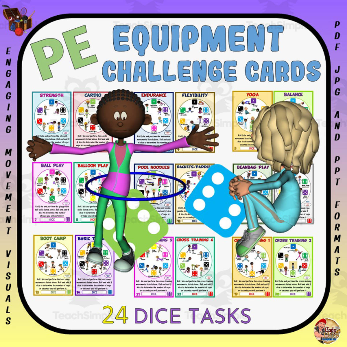An educational teaching resource from Cap'n Pete's Power PE entitled PE Equipment Challenge Cards: Dice Tasks downloadable at Teach Simple.