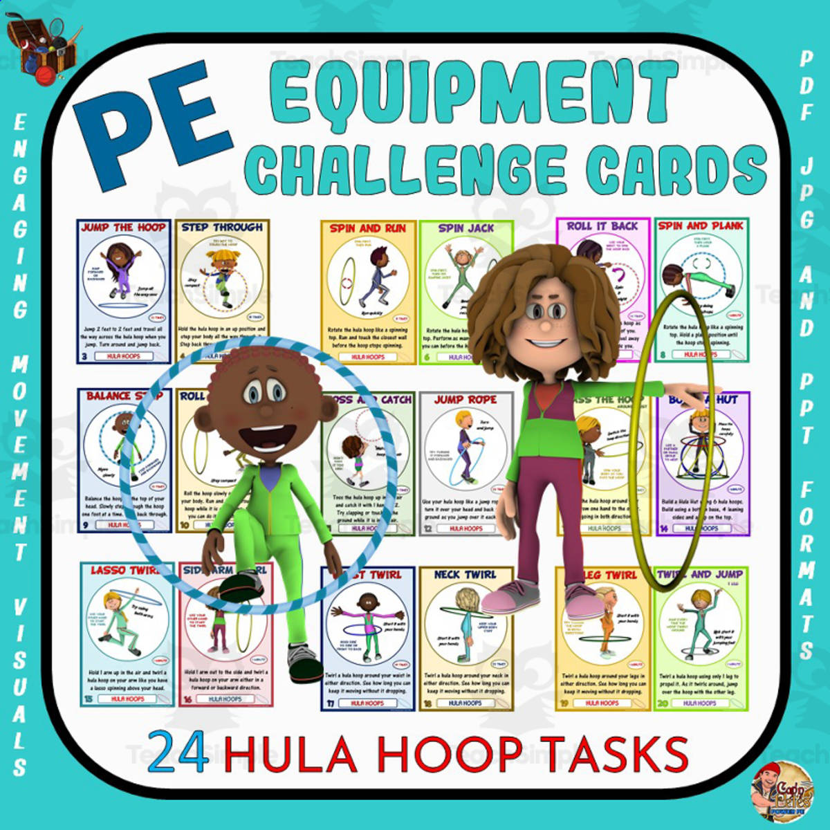 An educational teaching resource from Cap'n Pete's Power PE entitled PE Equipment Challenge Cards: Hula Hoop Tasks downloadable at Teach Simple.