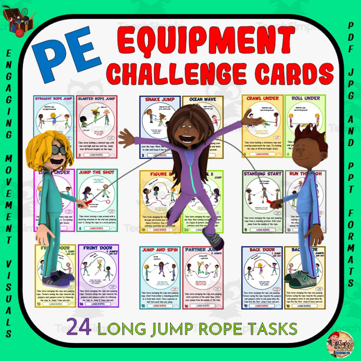 An educational teaching resource from Cap'n Pete's Power PE entitled PE Equipment Challenge Cards: Long Jump Rope Tasks downloadable at Teach Simple.