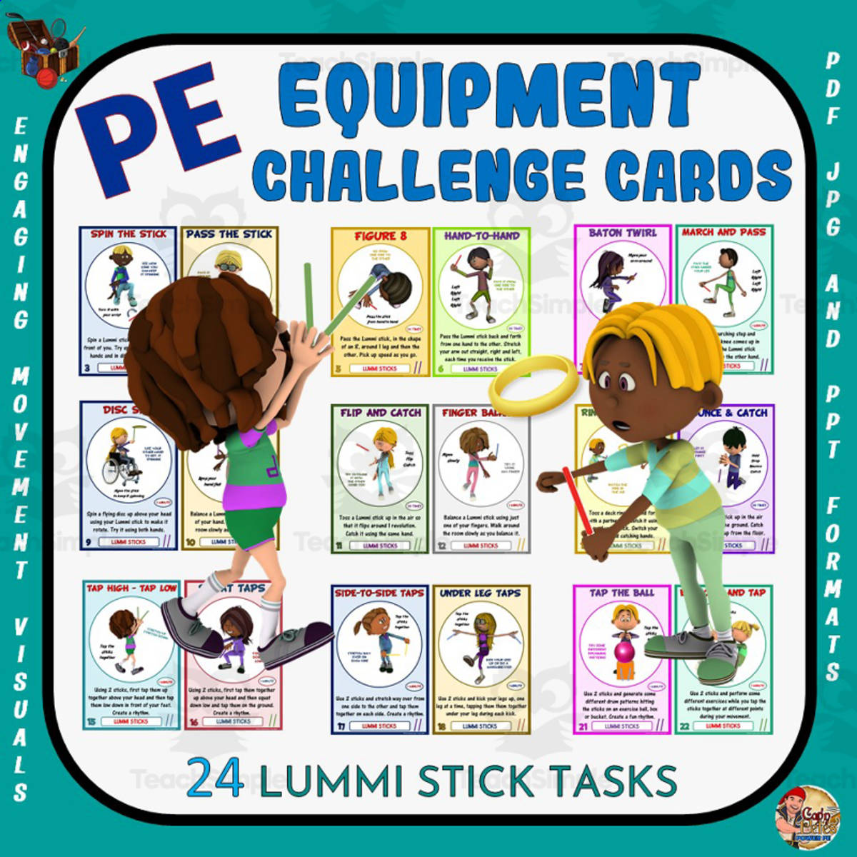 An educational teaching resource from Cap'n Pete's Power PE entitled PE Equipment Challenge Cards: Lummi Stick Tasks downloadable at Teach Simple.