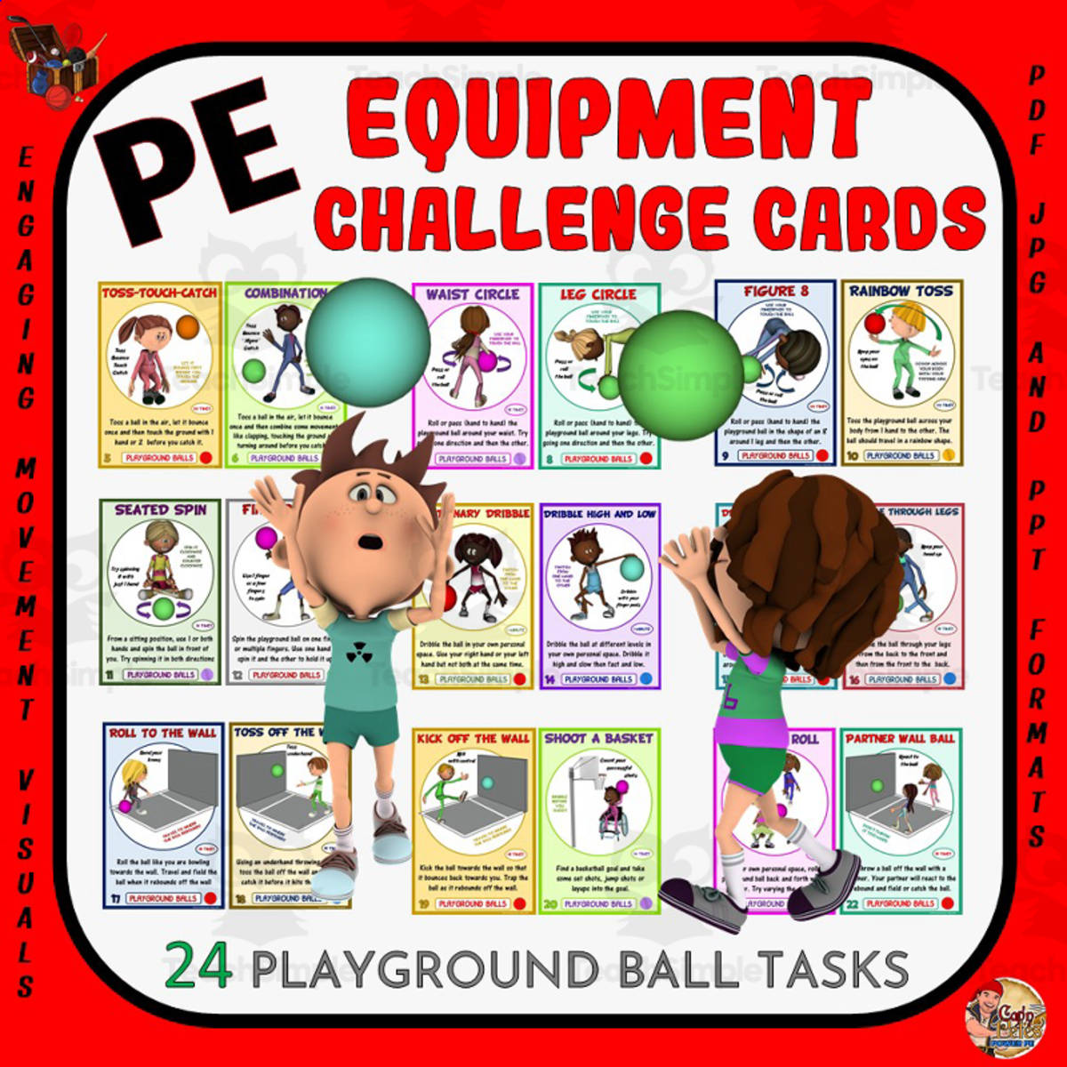 An educational teaching resource from Cap'n Pete's Power PE entitled PE Equipment Challenge Cards: Playground Ball Tasks downloadable at Teach Simple.