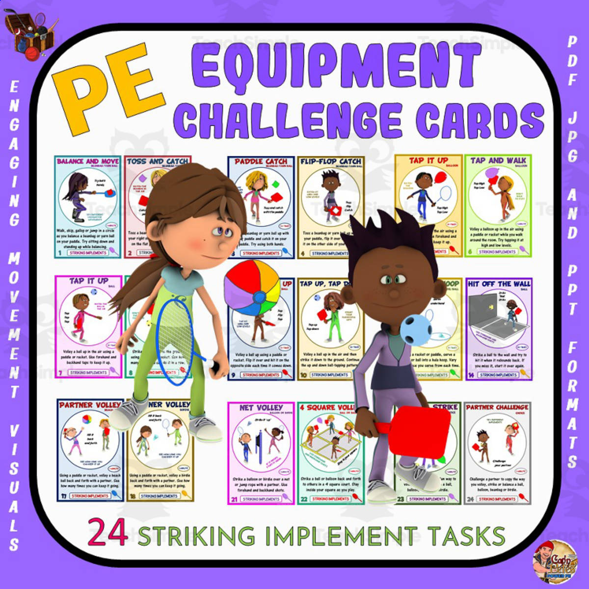 An educational teaching resource from Cap'n Pete's Power PE entitled PE Equipment Challenge Cards: Striking Implement Tasks downloadable at Teach Simple.