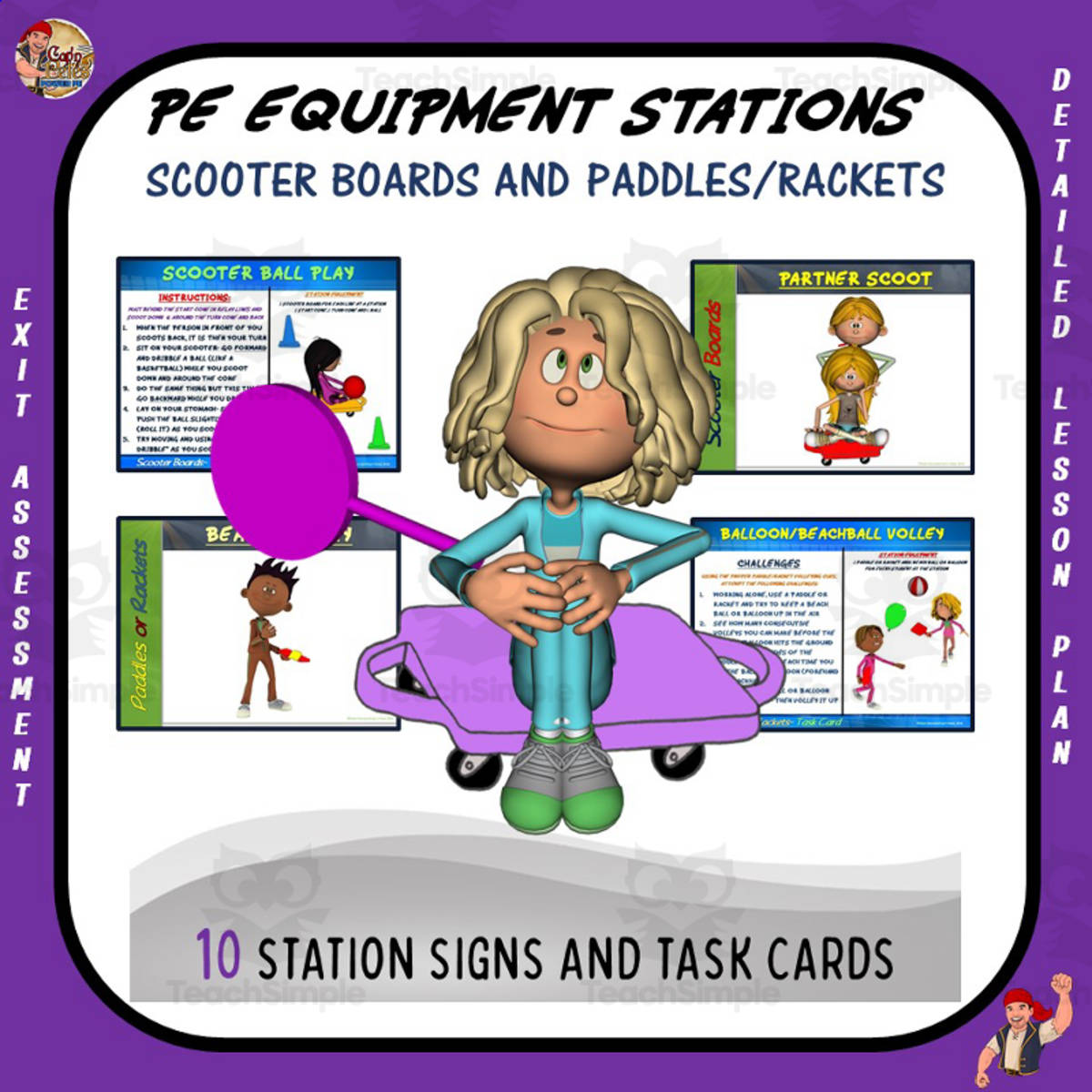 An educational teaching resource from Cap'n Pete's Power PE entitled PE Equipment Stations: Scooter Boards + Paddles/Rackets downloadable at Teach Simple.