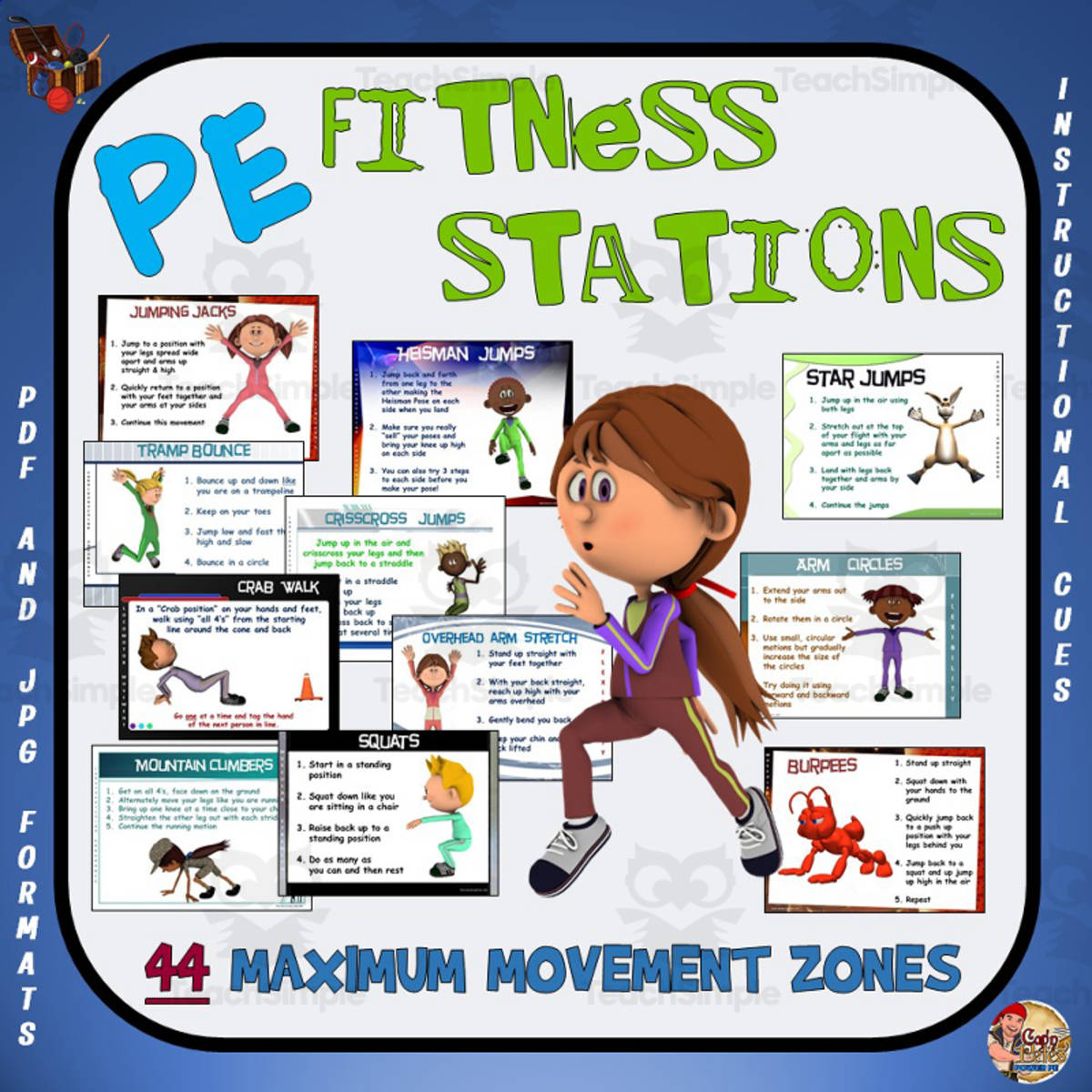 An educational teaching resource from Cap'n Pete's Power PE entitled PE Fitness Stations – 44 Movement Cards downloadable at Teach Simple.