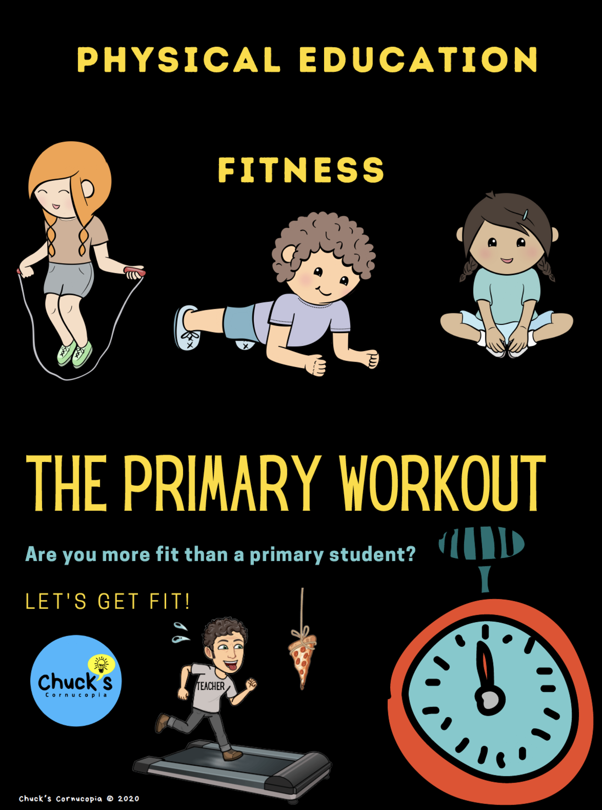An educational teaching resource from Chuck's Cornucopia entitled P.E. Fitness: The Primary Workout downloadable at Teach Simple.